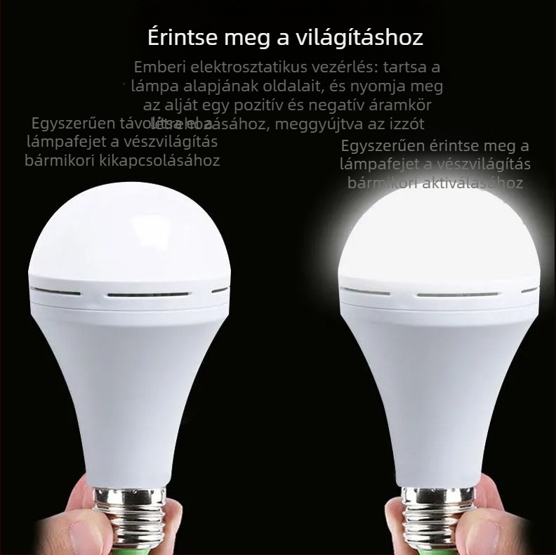 Újratölthető LED vészvilágítás lámpa E27-es foglalattal, IP54, beépített akkumulátor, 7–20W, otthoni használatra és világításra áramszünet idején