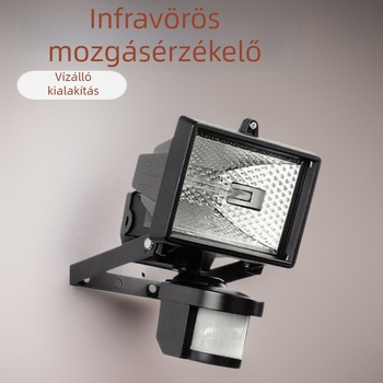 Öntött alumínium IP44-es reflektor PIR mozgásérzékelővel, 120W/150W halogén R7S, egyfejű, vízálló