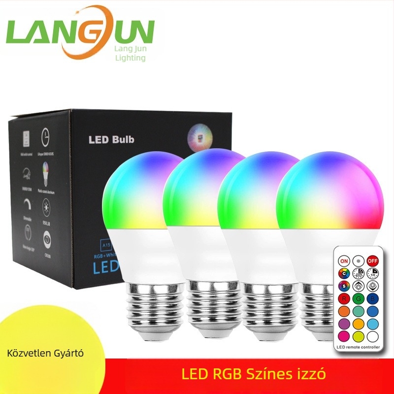 RGB LED A19 izzó távirányítóval, színváltó, fényerő-szabályozható, műanyag bevonatú alumínium ház, E27 foglalat