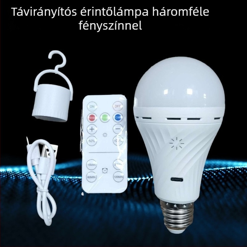 Tölthető LED izzó távirányítóval, érintéses fényerő-szabályozás, háromszínű hangulatvilágítás, E27-es foglalat
