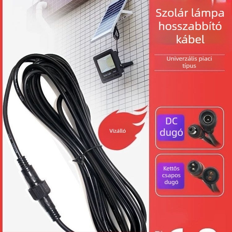 Napelemes lámpa bővítőkábel kétpin csatlakozóval, vízálló, UV-álló, projektor- és utcai világításra, megnövelt vastagságú kábel