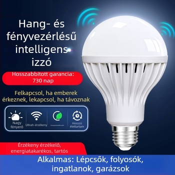 LED energiatakarékos lámpa mozgásérzékelővel és hang- és fényvezérléssel, E27-es foglalat, 220V, 330 lm