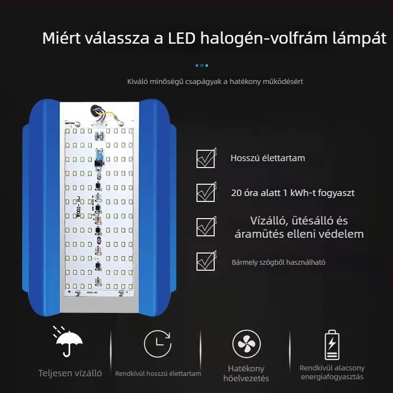 LED reflektor építkezésekre és kültéri világításra, 50–400W, 220V, alumínium ház, 180°-os sugárzás, melegfehér
