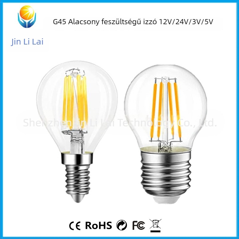 G45 LED alacsony feszültségű LED filament lámpa, E27-es foglalat, dimmelhető, 12V/24V/5V/3V, 360° sugárzás, 180–540 lm, CRI 80