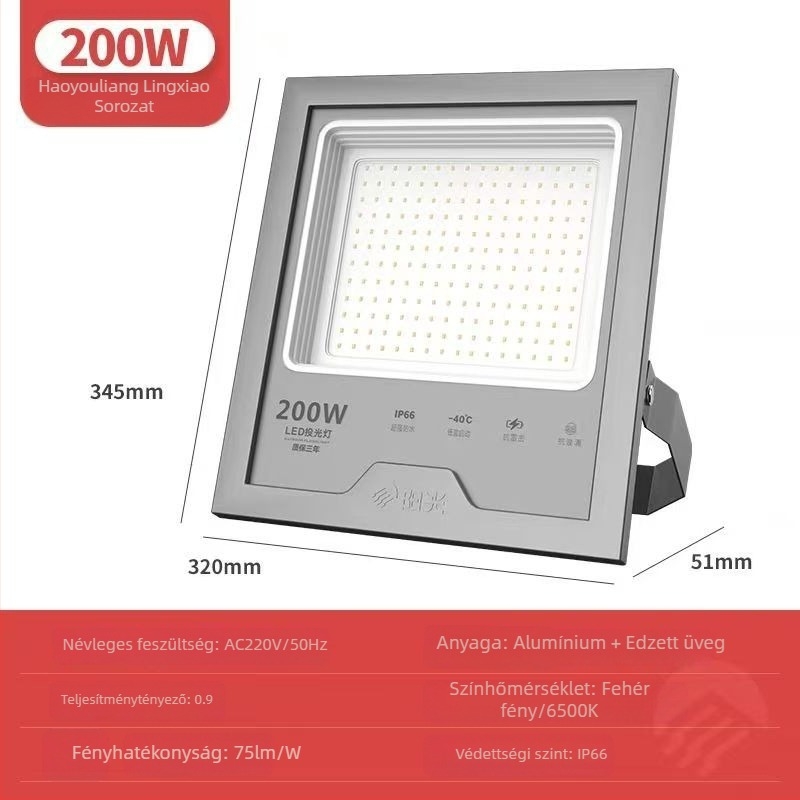 LED kültéri reflektor 200W, IP66, alumínium ház, 120° fényáram, 5000 lm