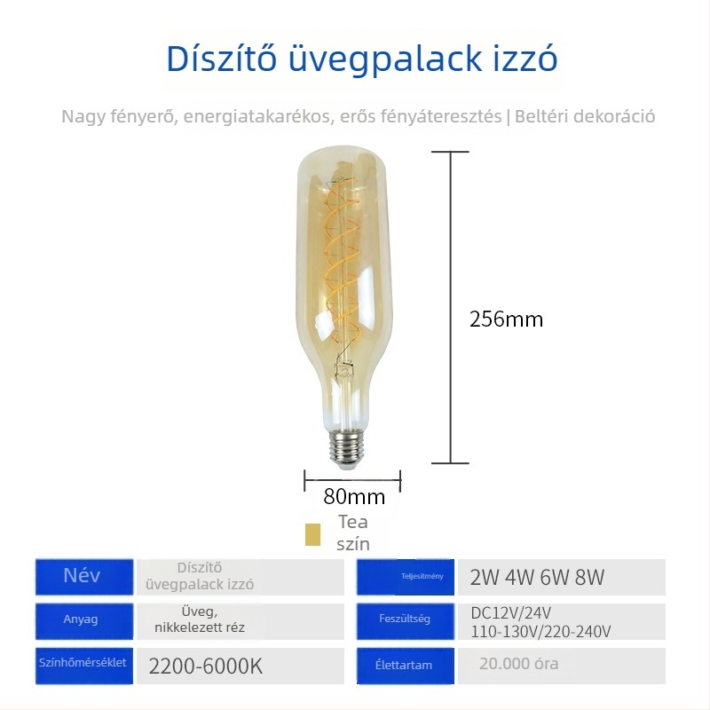 Borosüveg formájú LED filament égő, E27, bár és kávézó világításhoz