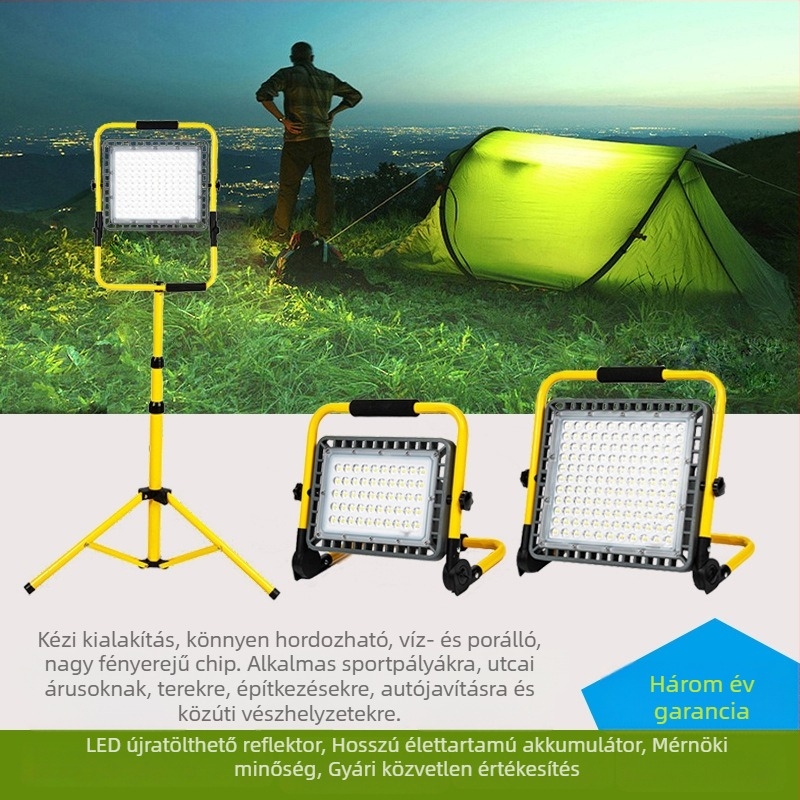 Újratölthető LED-es reflektor – kültéri vízálló hordozható munkalámpa építkezésre, 100 LED, 3000 lm, IP65