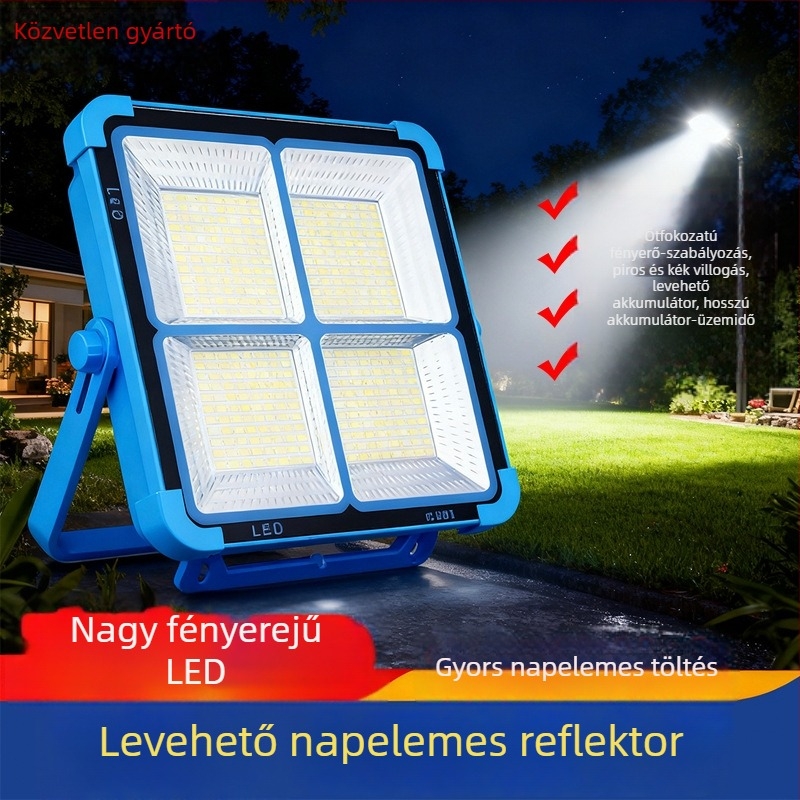 Napelemes vészvilágítás kültéri használatra, 288 LED, újratölthető, IP66, kemping és vészhelyzeti világítás, kék