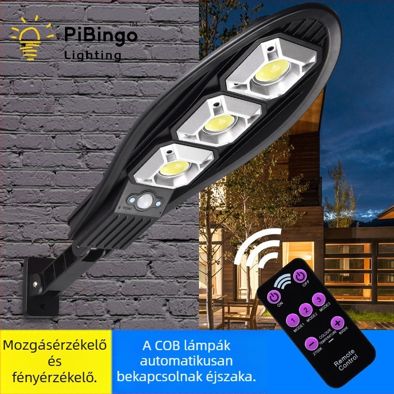 Távirányítós kültéri napelemes kertvilágítás mozgásérzékelővel – LED utcai lámpa COB 90 maggal, intelligens