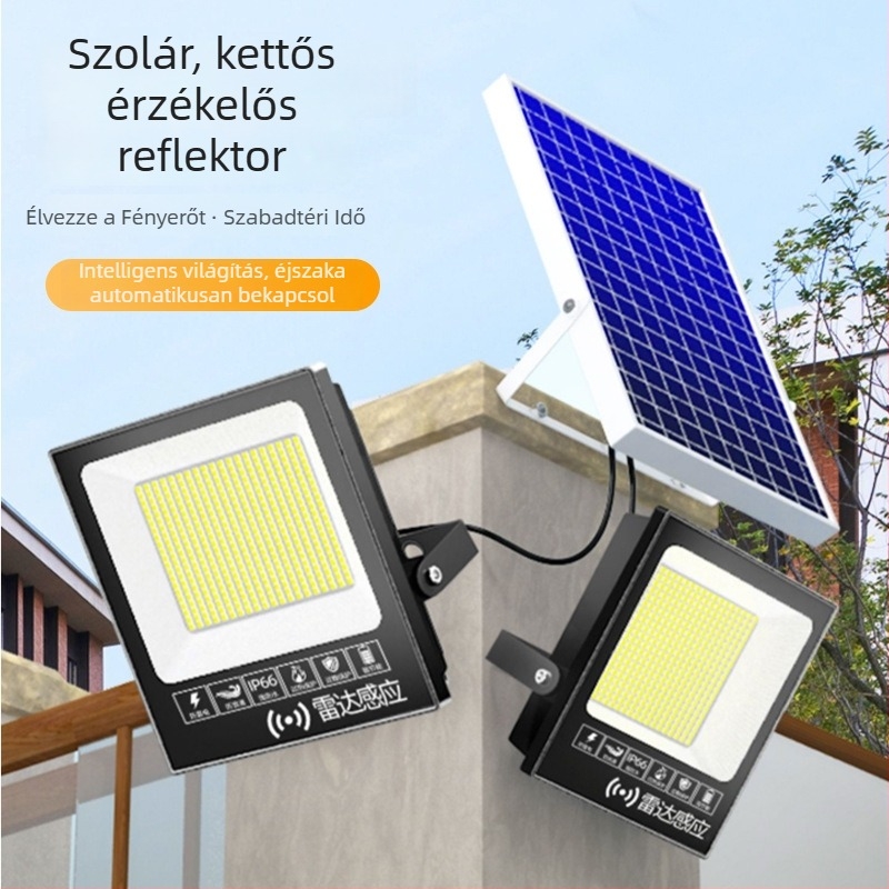 Kétfejű napelemes külső reflektor – kerthez, udvarhoz és villákhoz, parkvilágításhoz, rendkívül fényes
