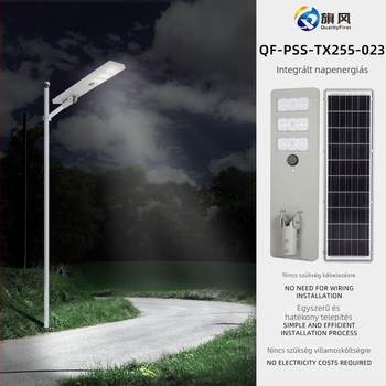 Integrált napelemes utcai lámpa, IP65 vízálló kültéri világítás, 40W LED, méretek 860 × 255 × 45 mm, élettartam 50 000 óra, indukciós kapcsoló, LED 5050 chip, modell QF-SSE-TX255-023