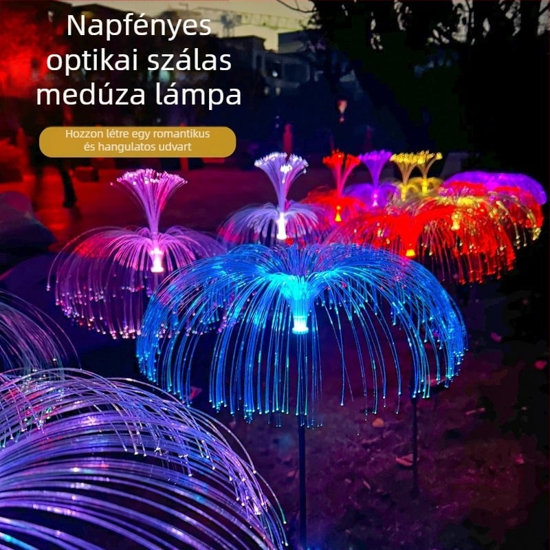 Napelemes medúza lámpa optikai szálas tűzijáték effektussal kerthez és gyephez, LED tájvilágítás