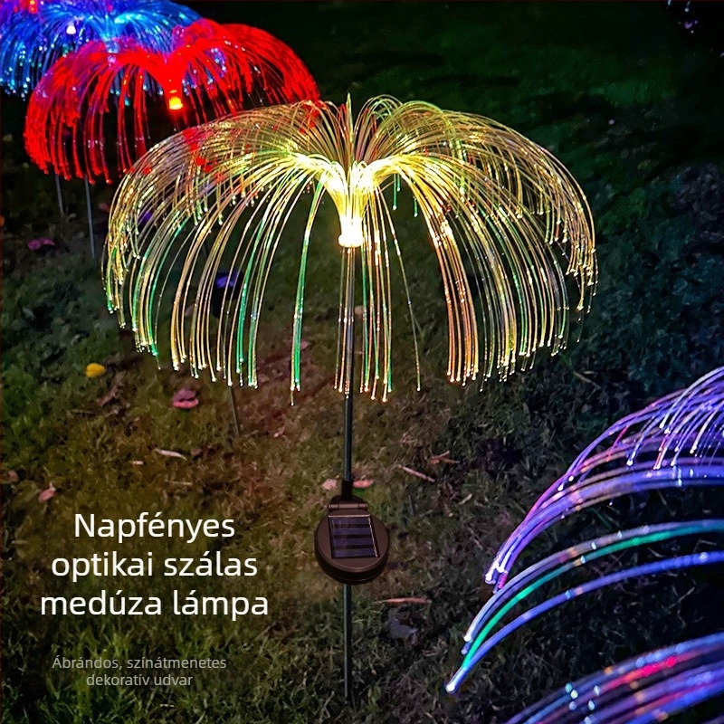 Napelemes medúza lámpa optikai szálas tűzijáték effektussal kerthez és gyephez, LED tájvilágítás