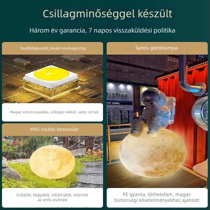 Kültéri holdlámpa, vízálló hold formájú lámpa kerthez és udvarhoz, talpas dekoratív hangulatvilágítás, napelemes
