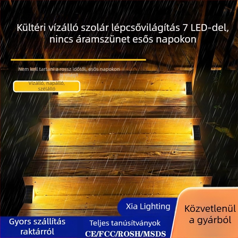 Napelemes kültéri kertvilágítás, 7 LED, négyszögletes lépcsőfok világítás, terasz dekoráció