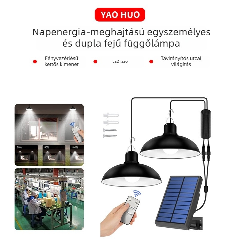 Napelemes kettős fejű függőlámpa LED-del, kültéri és beltéri távirányítóval
