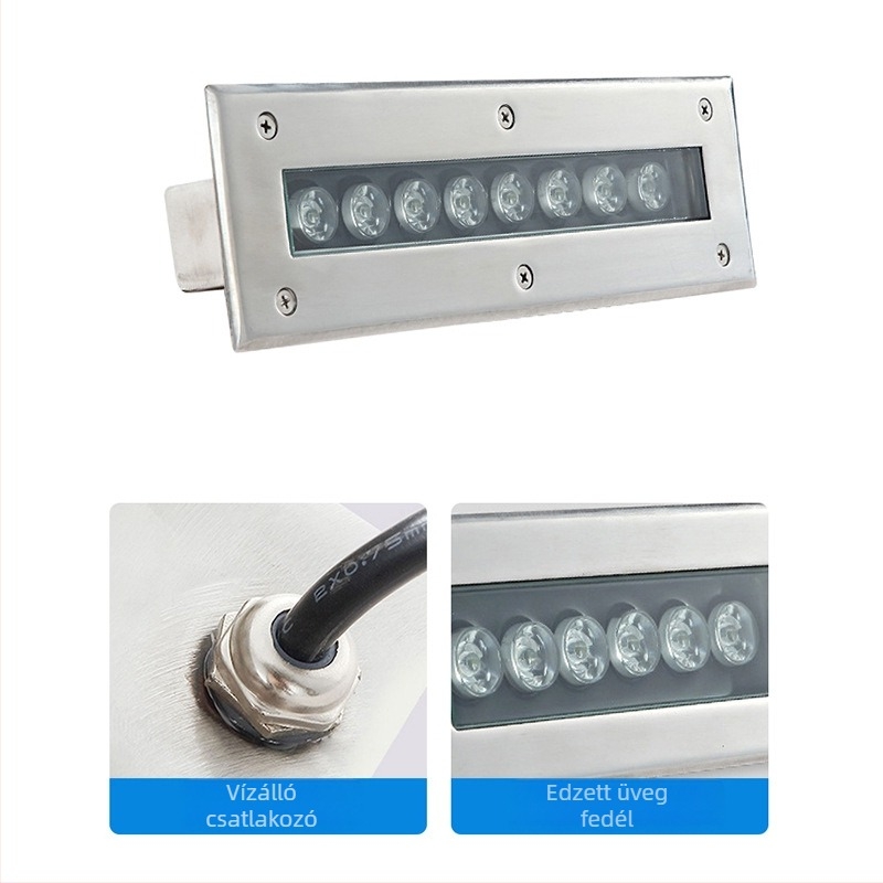 Négyzet alakú víz alatti beépített LED világítás, hosszú szalagból álló rozsdamentes acél floodlight, kültéri vízálló tóhoz, alacsony feszültség 12/24V, IP68