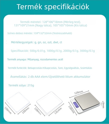 Személyre szabott i2000 magas precizitású ékszer- és konyhai mérleg, 3000 g kapacitás, újratölthető