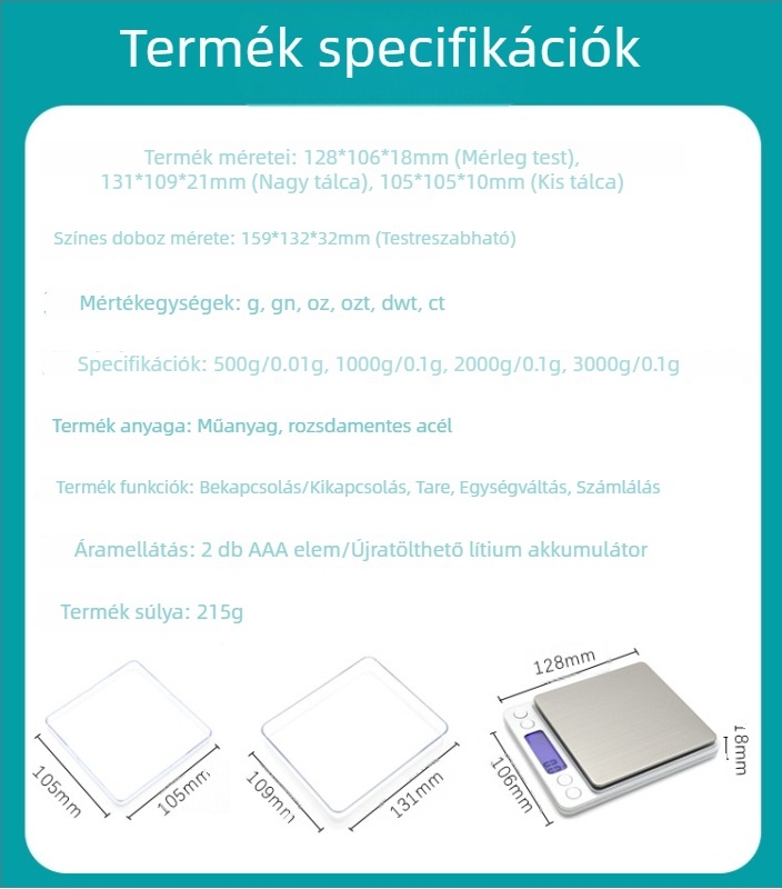 Személyre szabott i2000 magas precizitású ékszer- és konyhai mérleg, 3000 g kapacitás, újratölthető