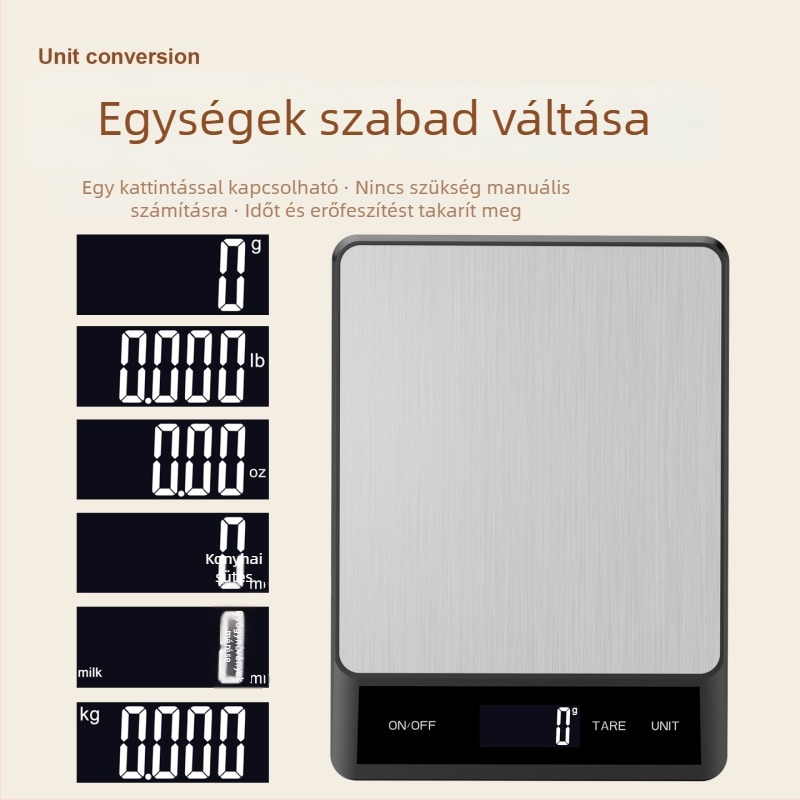 Rozsdamentes acélból készült lapos felületű konyhai mérleg, 1 g pontosság, mérési tartomány 1 g–15 kg, kapacitás 15 kg.