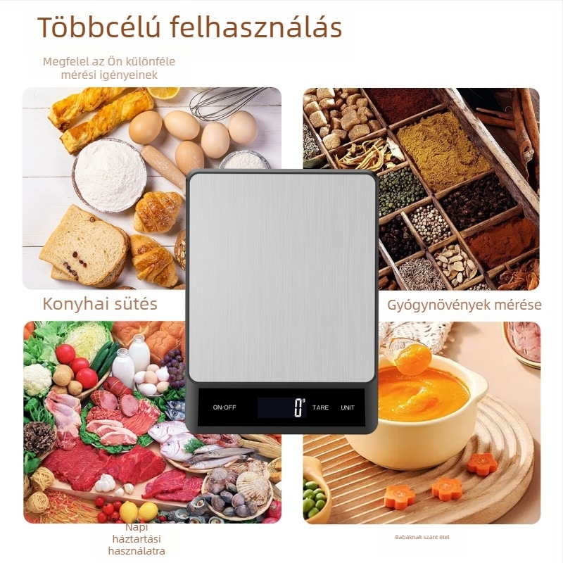 Rozsdamentes acélból készült lapos felületű konyhai mérleg, 1 g pontosság, mérési tartomány 1 g–15 kg, kapacitás 15 kg.