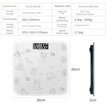 Big Orange tölthető digitális fürdőszobai mérleg, 180 kg teherbírás, 26×26 cm, USB töltés