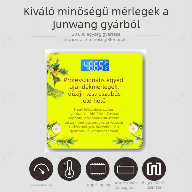 Elektronikus mérleg személyre szabott logóval — fürdőszobai testsúlymérleg, aranyos rajzfilmszerű dizájn, tartós