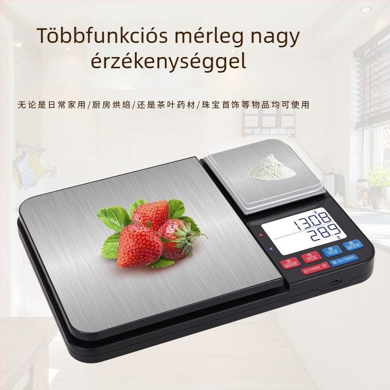 Új elektronikus konyhai mérleg rozsdamentes acélból, két tálcával, kettős pontossággal