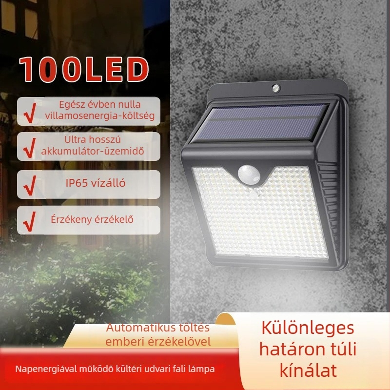Napelemes falikar kültérre, szenzoros, IP65 vízálló LED kertvilágítás
