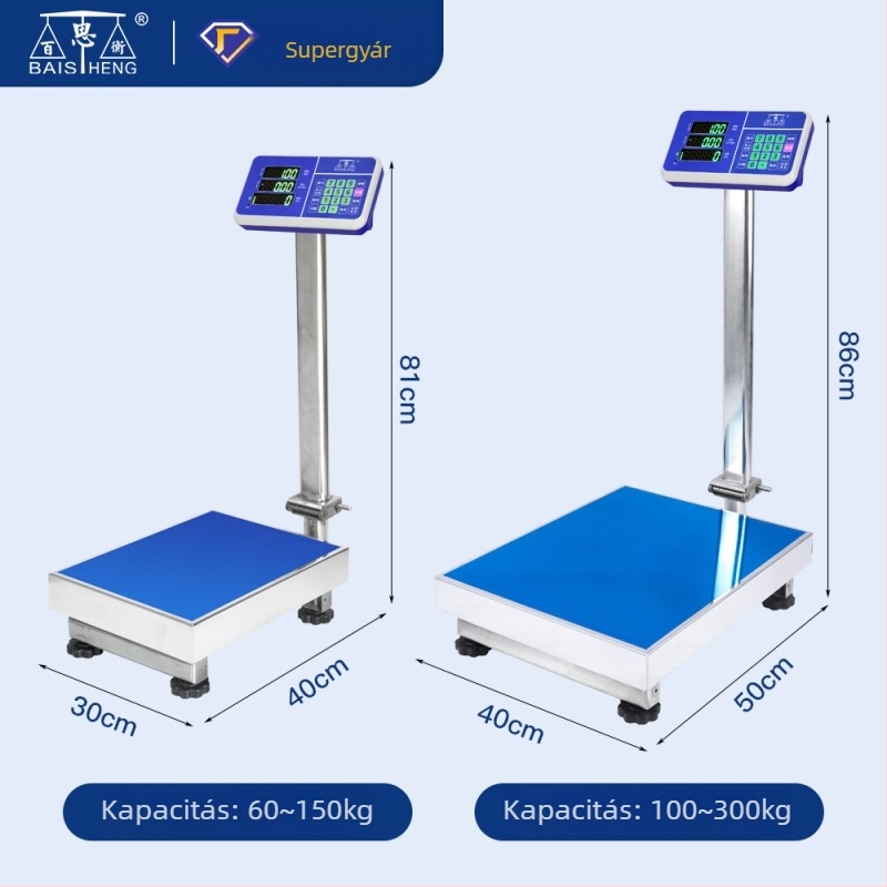 Best Heng kereskedelmi elektromos mérleg, összecsukható rozsdamentes acél mérőfelület, tartomány 60–300 kg, felbontás 50 g, tálca 30×40 cm