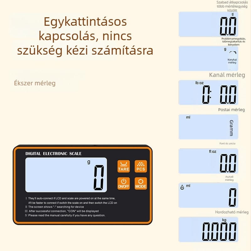 Különálló konyhai mérleg intelligens elektronikus mérés, 1 g felbontás, kompakt gramm Mérleg háztartási használatra, nagy pontosságú élelmiszer mérleg, méréstartomány 5 g–15 kg