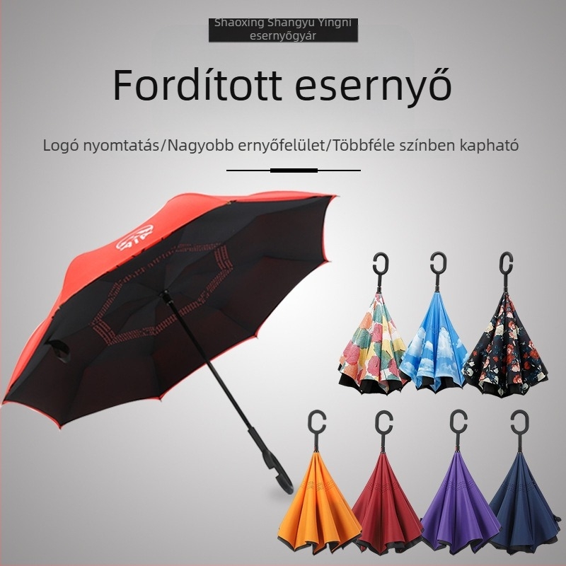 Visszafelé nyíló esernyő, kétszeres rétegű, C-típusú, kézi nyitású, összecsukható reklám esernyő logónyomtatással
