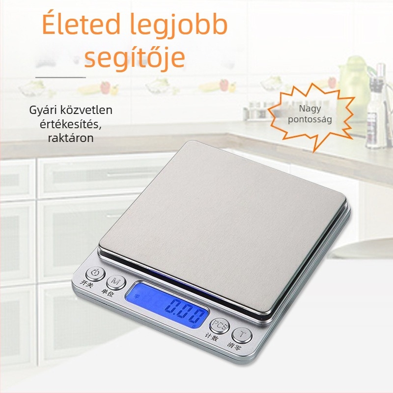 I2000 Hordozható rozsdamentes acél konyhai mérleg, 0,1 g pontosság, 500 g–3 kg kapacitás