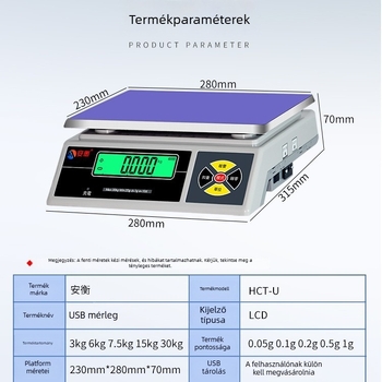 USB adatrögzítésű elektronikus mérleg USB-tárolási funkcióval, 3/6/15/30 kg