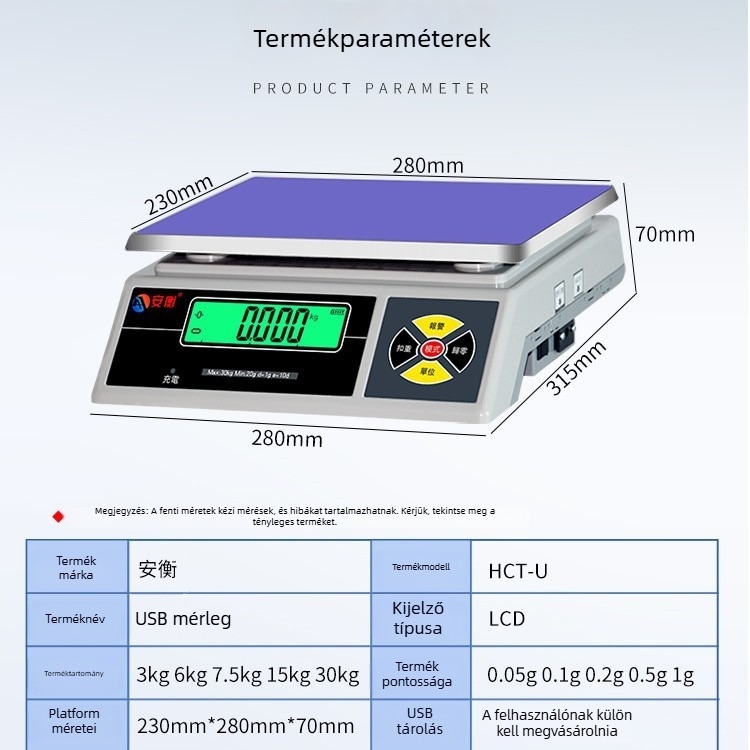 USB adatrögzítésű elektronikus mérleg USB-tárolási funkcióval, 3/6/15/30 kg
