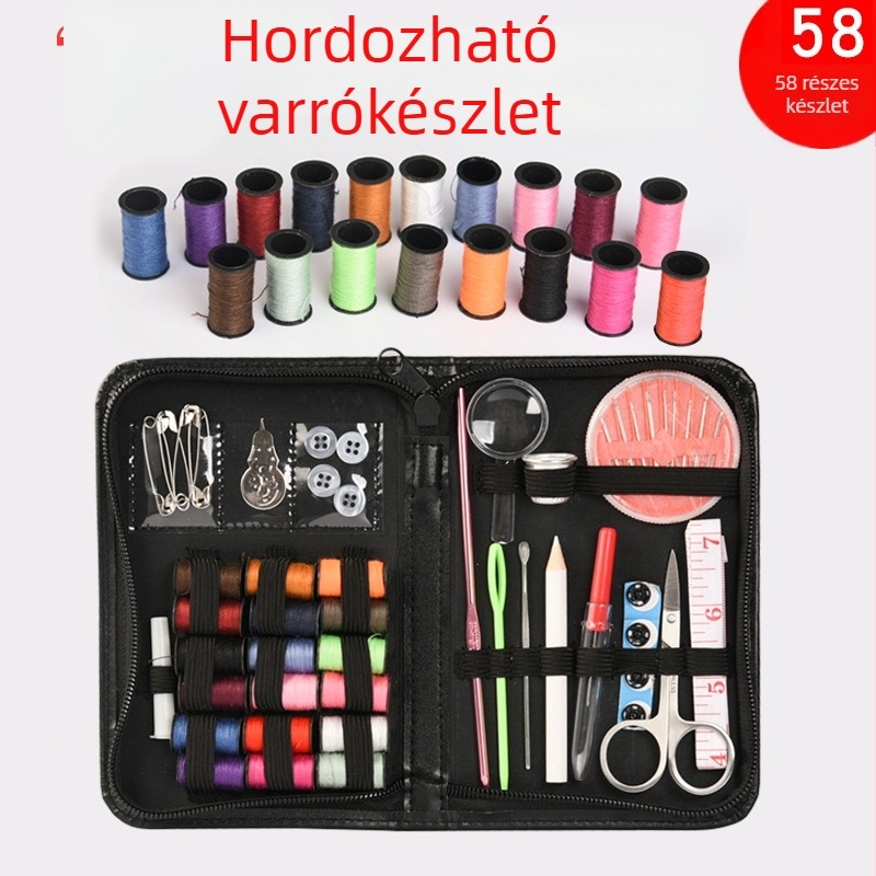 Kézzel készült varrókészlet dobozban — 58 darabos hordozható készlet