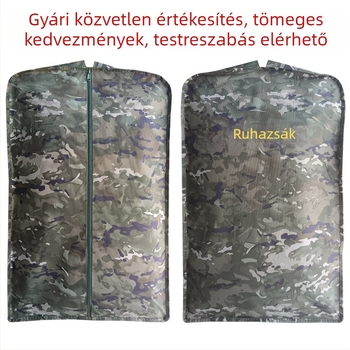 Kamufláž mintás ruhatároló, merev kerettel, erősített, por- és nedvességálló, kék színű ruhák akasztására szolgáló tárolótáska