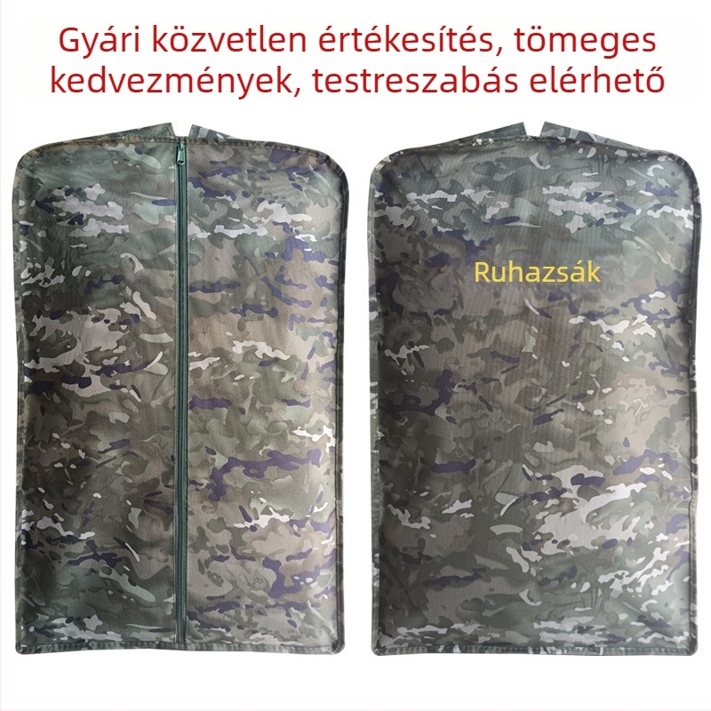 Kamufláž mintás ruhatároló, merev kerettel, erősített, por- és nedvességálló, kék színű ruhák akasztására szolgáló tárolótáska