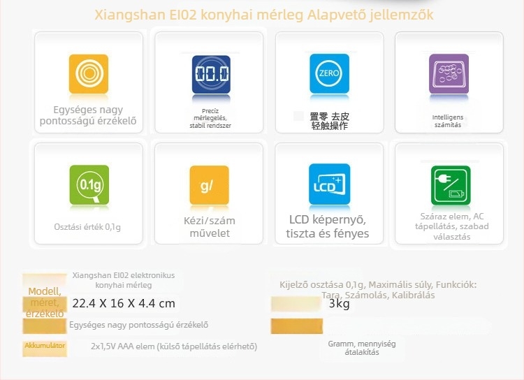 Xiangshan EI-02HS rozsdamentes acél konyhai mérleg, 0,1 g pontossággal, otthoni sütéshez és főzéshez