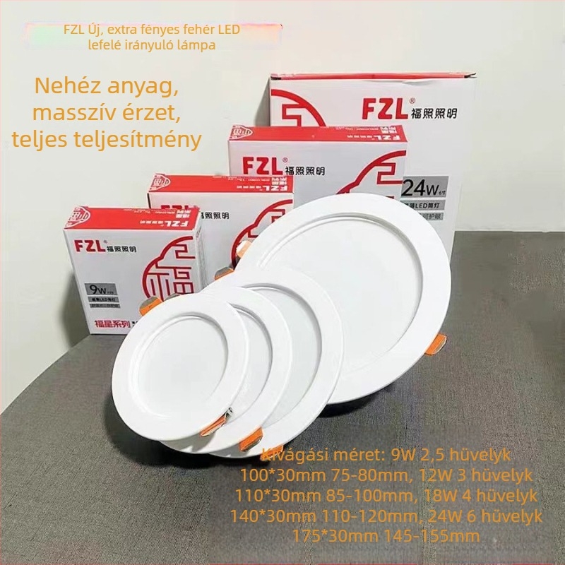 Fuzhao ultra vékony LED mennyezeti downlight nappaliba és folyosóra, beépített lámpa, 6–10W, 6500K hidegfehér, nyílás Ø75–80 mm, méretek 2,5–8 hüvelyk