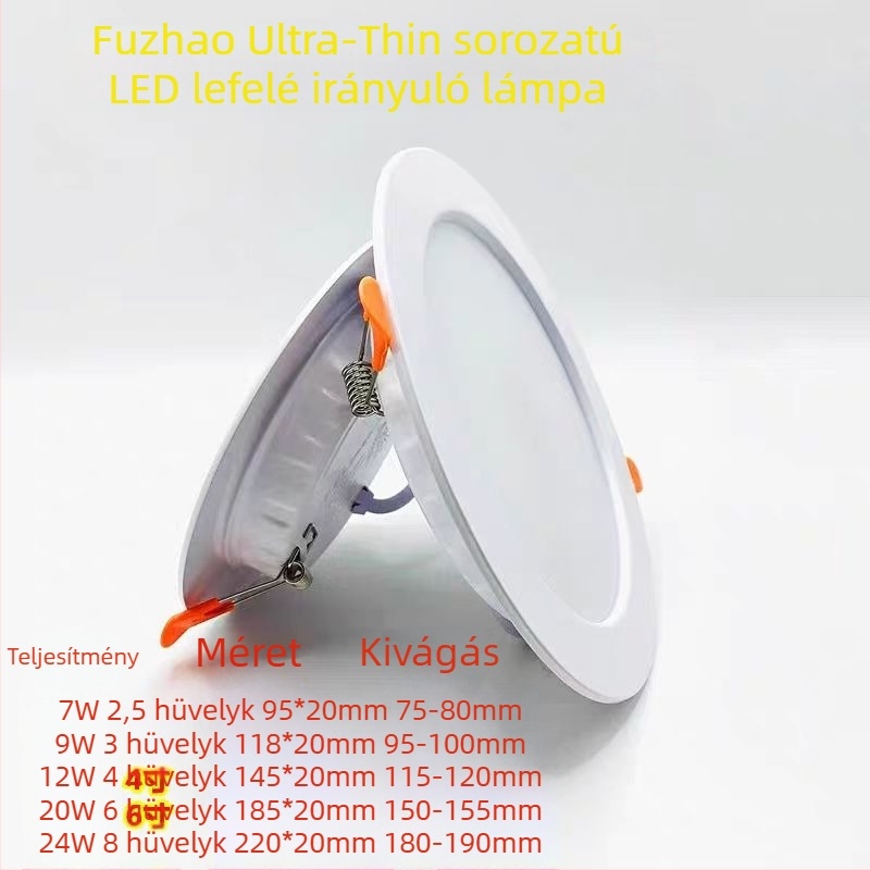 Fuzhao ultra vékony LED mennyezeti downlight nappaliba és folyosóra, beépített lámpa, 6–10W, 6500K hidegfehér, nyílás Ø75–80 mm, méretek 2,5–8 hüvelyk
