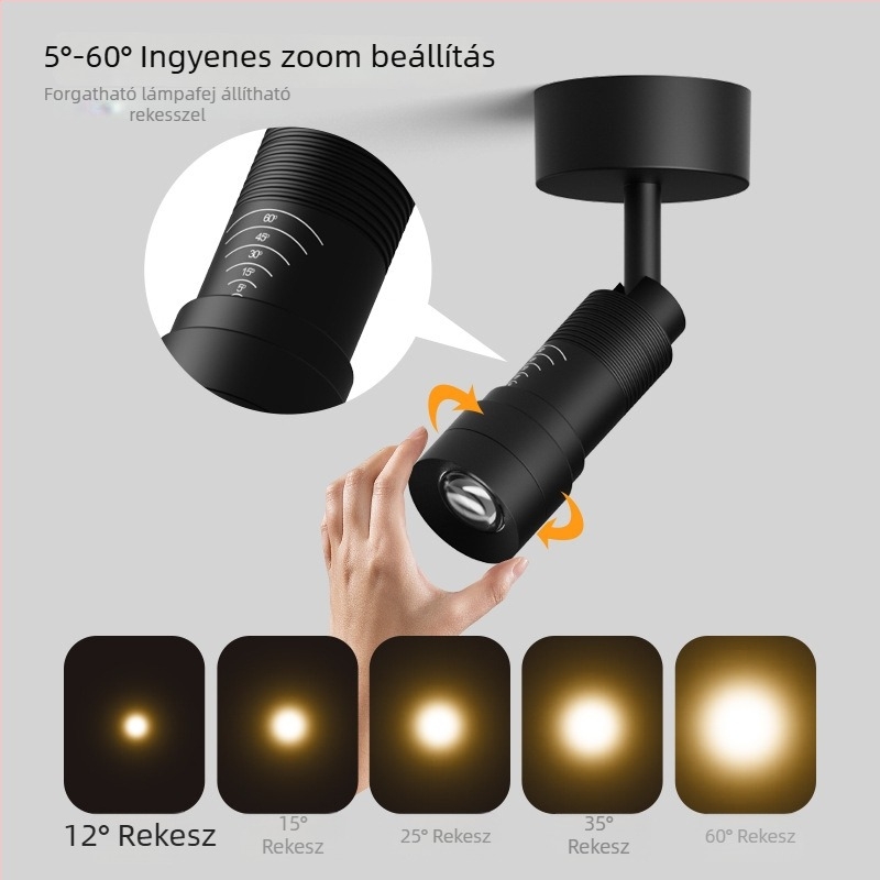 Felületre szerelt, állítható zoomos spotlámpa, keskeny sugarú LED downlight teázó, étterem bejárat és előszoba számára