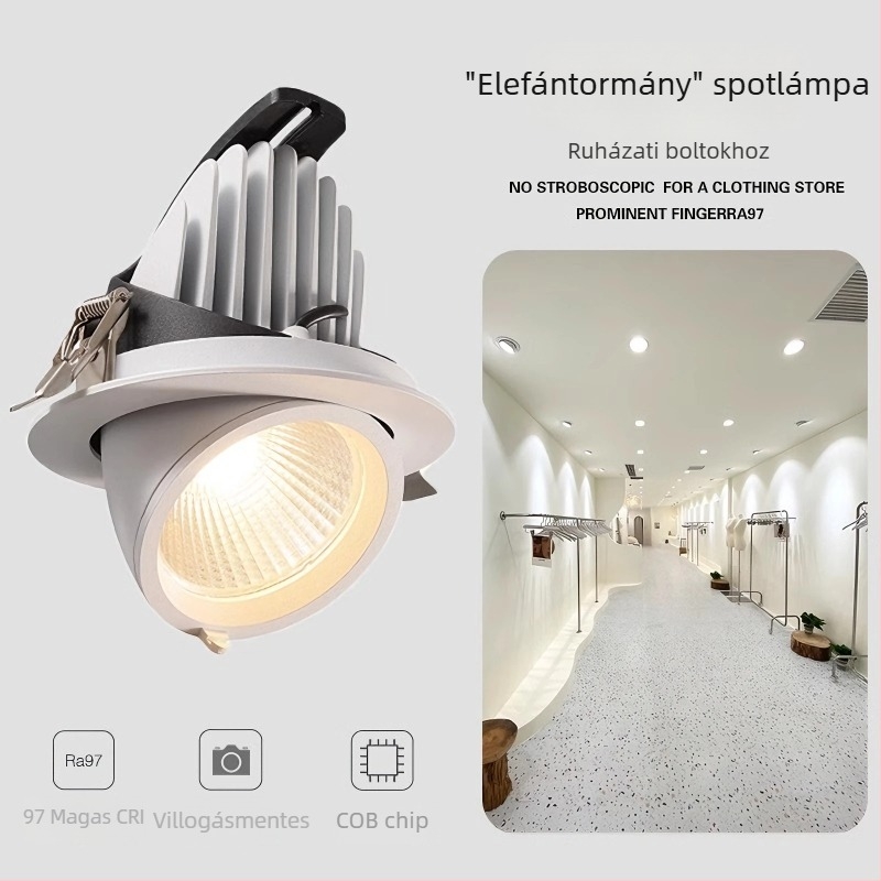 4500K beépített LED‑spotlámpa elefántcső dizájnnal, CRI 97, állítható szög ruhakiállításokra és menyasszonyi ruhákhoz