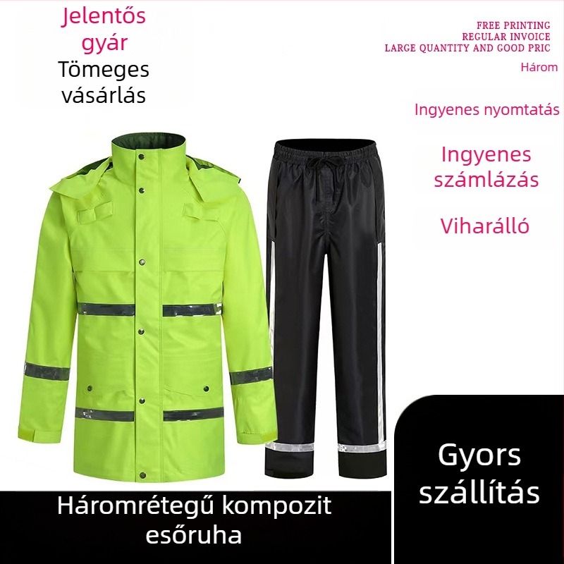 Kültéri fényvisszaverő esőruha és nadrágszett, háromrétegű kompozit anyagból, közepes hosszúságú, szélvédett és erősen esőálló