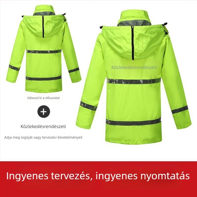 Kültéri fényvisszaverő esőruha és nadrágszett, háromrétegű kompozit anyagból, közepes hosszúságú, szélvédett és erősen esőálló