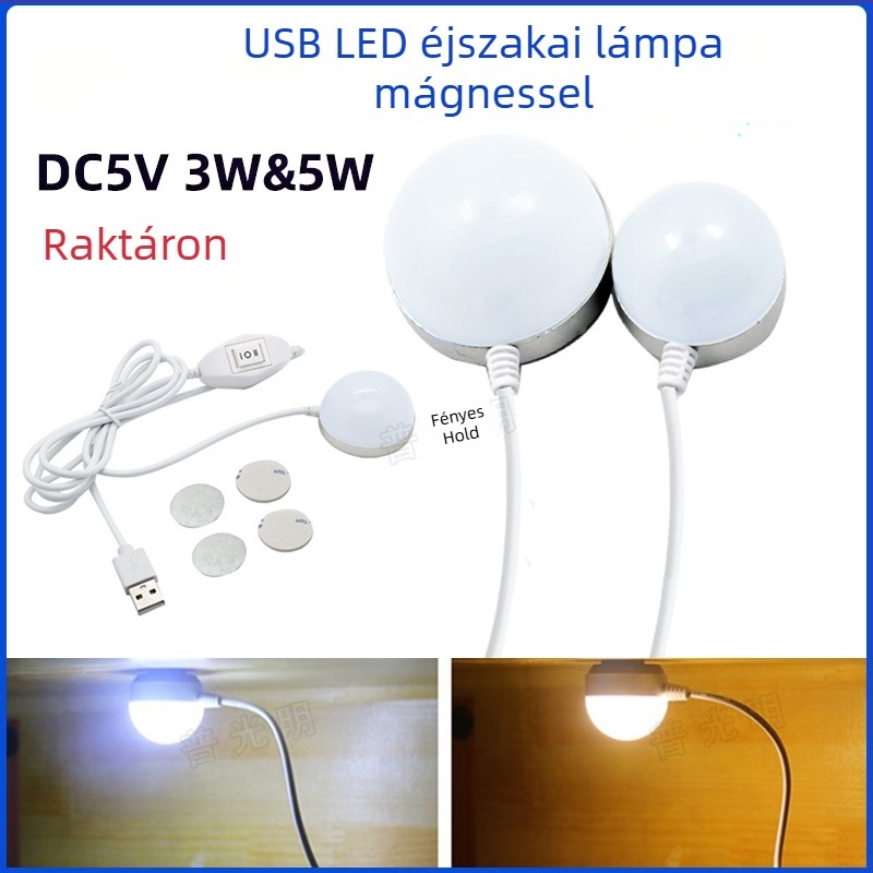 USB-s éjszakai fény mágneses LED izzóval (5W/3W), hordozható diákkollégiumi lámpa, 5V tápellátás