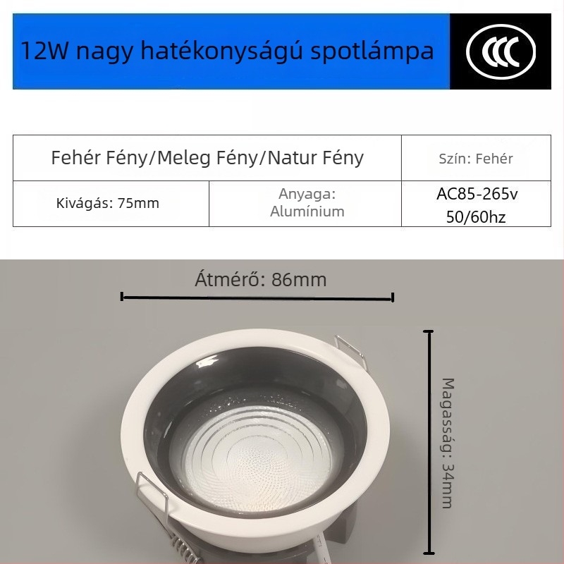 12W LED mennyezeti spotlámpa, 75 mm-es kivágás, beépített COB LED, antireflexiós fény, szemkímélő