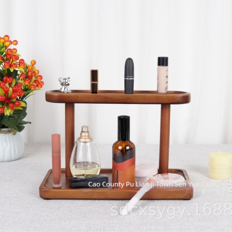 Kétemeletes, faanyagból készült asztali tároló sminkek, parfümök és rúzsok tárolására; modern, minimalist otthoni bejárati szervező