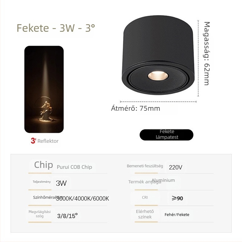 Ultra vékony COB spotlámpa állítható fényszögekkel (3°, 8°, 15°) teaház hangulatához, 3W