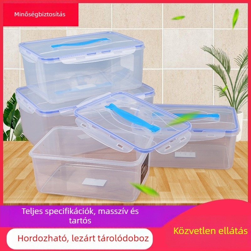 Téglalap alakú műanyag tárolóedény fedővel, átlátszó, légmentesen záródó, multifunkcionális a hűtőszekrényhez